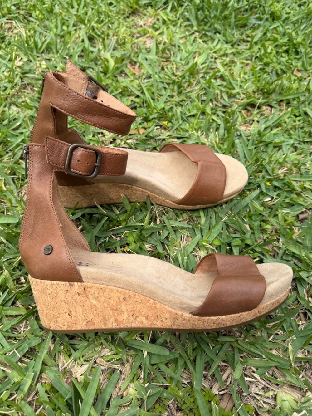 UGG Zoe Women's Brown Cork Wedge Sandals with Ankle Strap - Picture 2 of 11